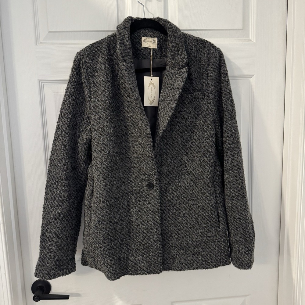 New JOYFOLIE‎ Mia Joy Louve  Brushed Tweed Blazer Jacket Cozy Soft Sz XL Gray